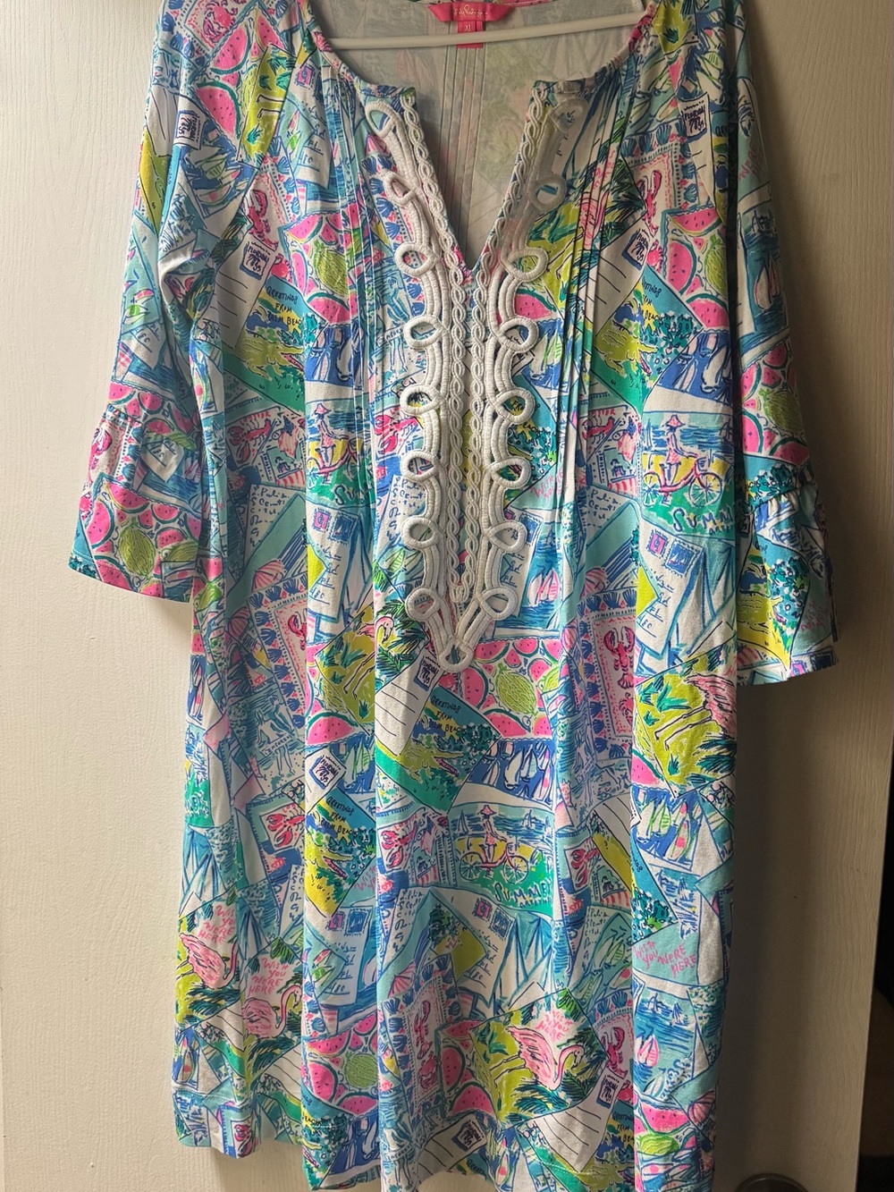 Lilly Pulitzer Palm Beach Postcard Multicolor Tunic with White Crochet Trim